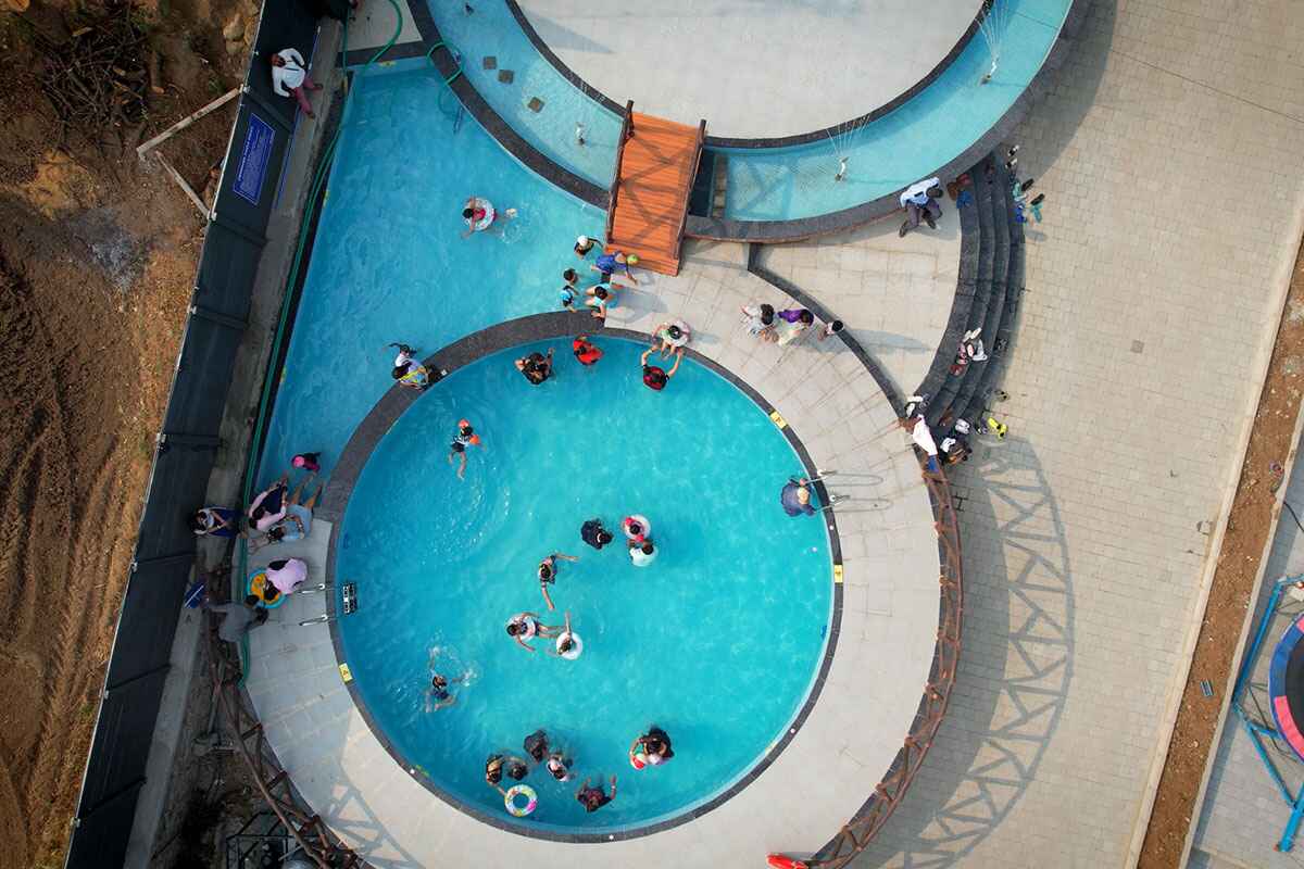 Aerial view of the resort and lake
